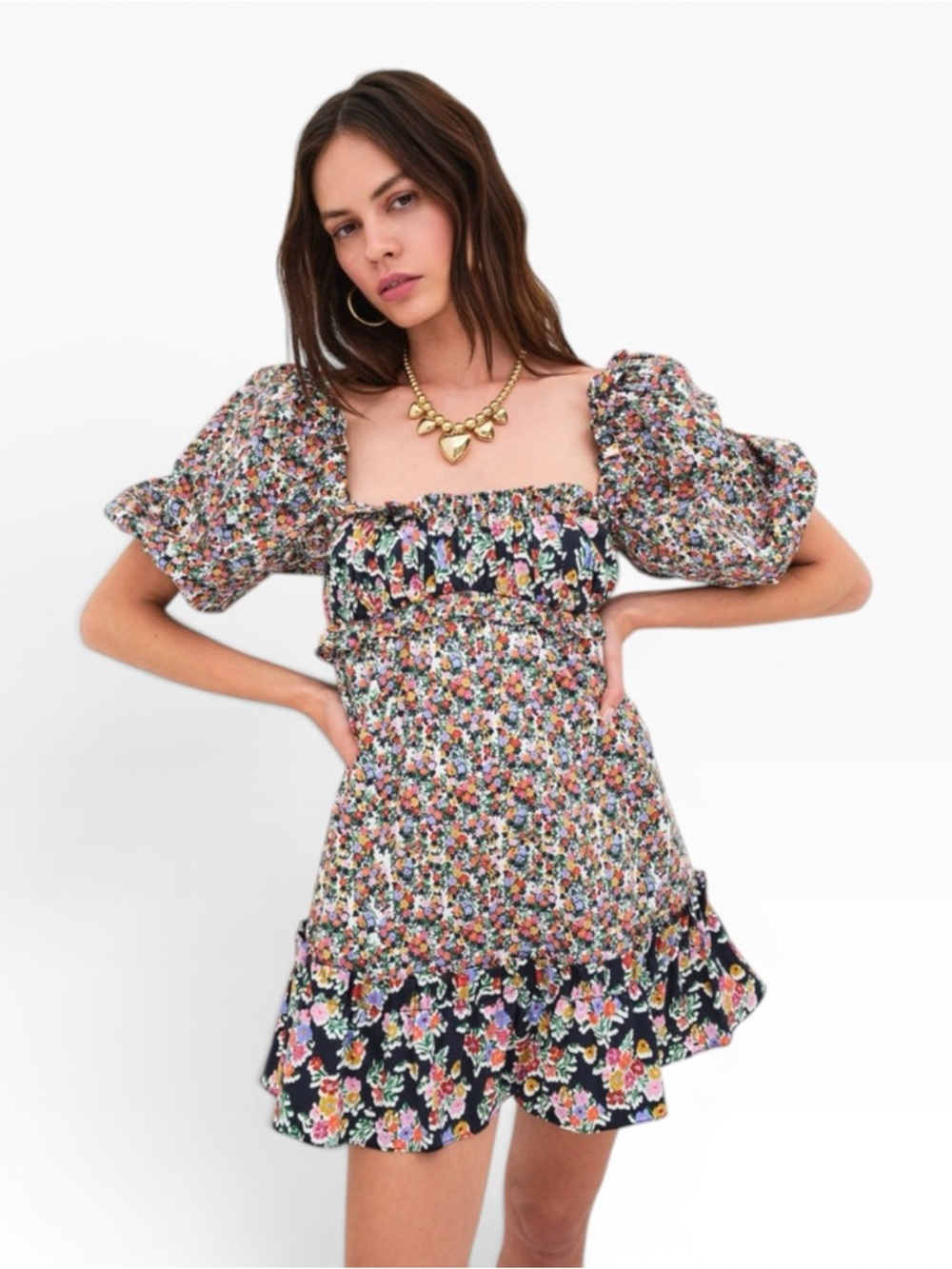 NWT For Love & Lemons Hudson Floral Short Puff Sleeves Babydoll Mini Dress Small